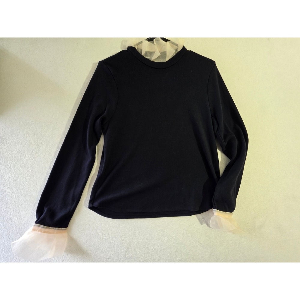Sretsis Pim Sukhahuta Black Cotton Sheer Ruffle Trim Top Keyhole Back US 10
